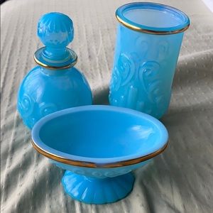 Avon vintage blue milk glass vanity set